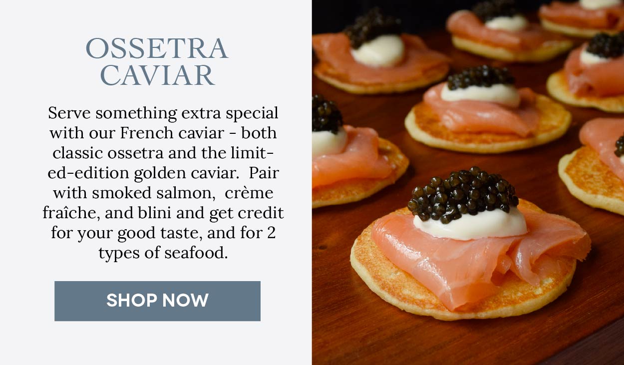 French ossetra caviar, classic and golden varieties, paired with smoked salmon, crème fraîche, and blini.