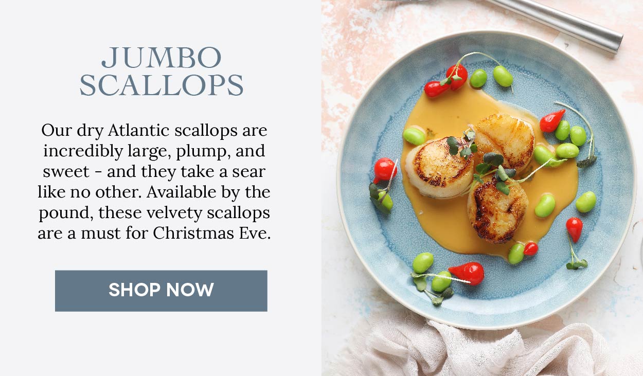 Dry Atlantic scallops, large, plump, and sweet, perfect for searing and serving during Christmas Eve celebrations.