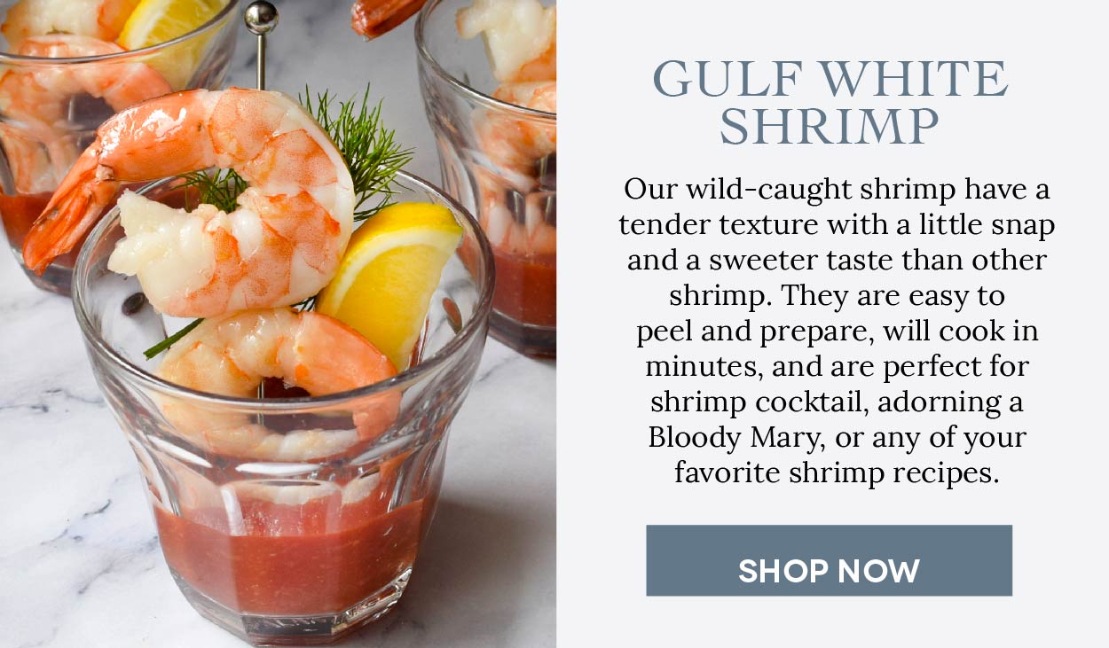 Wild-caught Gulf white shrimp, sweet and tender, ideal for shrimp cocktails, Bloody Mary garnishes, and more.